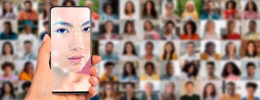 A hand holds a smartphone displaying a face scan, showcasing advanced identification technology. Behind, a collage of diverse individuals reflects modern practices in biometric recognition. photo