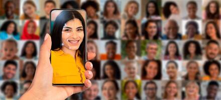 A person holds a smartphone displaying a facial recognition scan of their face. The background features a collage of diverse faces, showcasing the technology's application in identification. photo