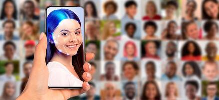 A hand holds a smartphone displaying a woman's face with facial recognition features. Behind, a collage of diverse portraits highlights modern identification technology in use. photo