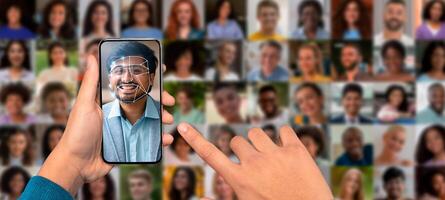 A person scans their face using a smartphone in a collage of multiple portraits on a screen. This showcases the advanced identification methods prevalent today in personal technology. photo