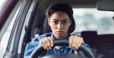 Facial expression, negativity, stress and traffic jams. Serious upset young african american lady sitting in car behind steering wheel and looking ahead tensely in window driving car, free space photo