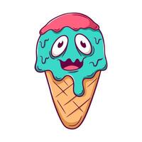 Cartoon ice cream cone with a green and pink face and dripping ice cream vector