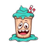 Cartoon cup with a blue frosting and a straw sticking out of it. The cup has a funny face and is smiling vector