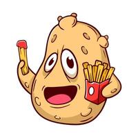 Cartoon potato is holding a box of fries and a stick of ketchup. The potato is smiling and he is enjoying its meal vector