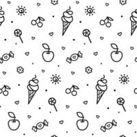 Summer kid doodle seamless pattern with black outline drawing on transparent background. vector