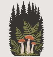 mushrooms in the forest with ferns and trees vector