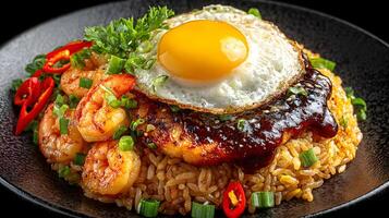Delicious Asian Shrimp Fried Rice with Fried Egg Teriyaki Sauce and Chili Garnish photo