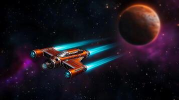 A futuristic spaceship with glowing engines travels through a vibrant cosmic space near a distant planet photo