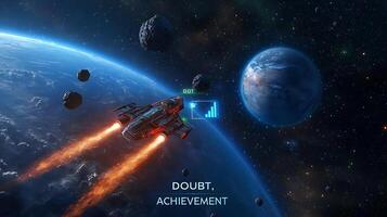 A futuristic spaceship navigating through an asteroid field near a vibrant planet, showcasing exploration photo