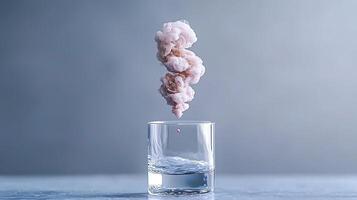 A glass of water captures a pink smoke swirl rising above, creating a surreal visual effect photo