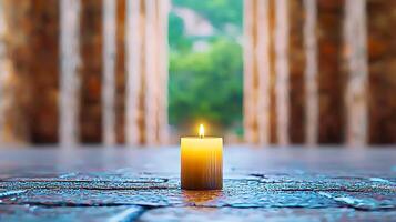 A glowing candle placed on a stone floor, surrounded by ancient columns, creating a serene atmosphere photo