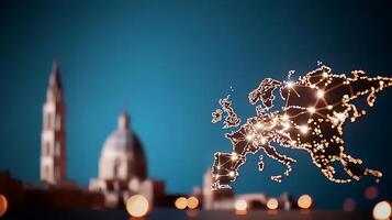 A glowing map of Europe overlaid on a blurred cityscape featuring historic architecture at night photo