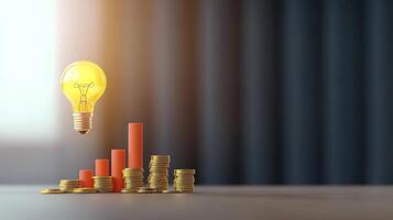 A glowing light bulb hovering above a stack of coins and rising bar graph, symbolizing financial growth photo