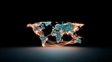 A glowing world map illuminated with vibrant lines representing global connections and data flow photo