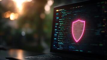 A glowing shield symbol on a laptop screen, representing cybersecurity, with a sunset backdrop photo