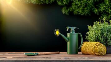 A green watering can and gardening tools on a wooden table with sunlight and greenery in the background photo