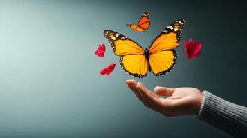 A hand gently releasing vibrant butterflies amidst falling petals in a serene background photo