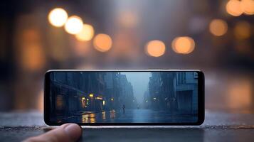 A hand holding a smartphone displaying a rainy street scene with a solitary figure in the background photo