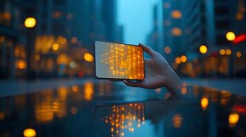 A hand holding a smartphone displaying glowing patterns in a cityscape at dusk photo