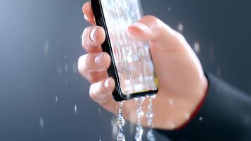 A hand holding a smartphone with water flowing from the screen, creating a surreal effect photo