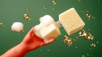 A hand holding a soap-covered sponge with bubbles, set against a green background, emphasizing cleanliness photo