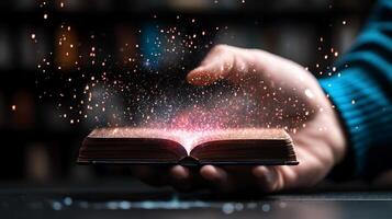 A hand hovering over an open book emitting magical sparks in a cozy library setting photo