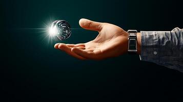 A hand reaching out to catch a glowing orb, set against a dark background with a hint of mystery photo