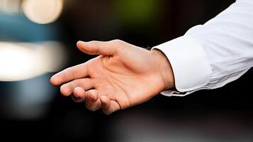 A hand reaching out in a welcoming gesture, set against a blurred urban background with traffic photo