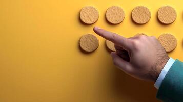 A hand pointing at wooden tokens arranged on a bright yellow background, symbolizing strategy photo