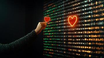 A hand touching a glowing heart symbol on a digital display of colorful binary codes, symbolizing love photo