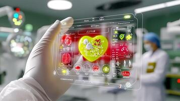 A healthcare professional using a futuristic holographic interface to analyze patient data in a lab photo