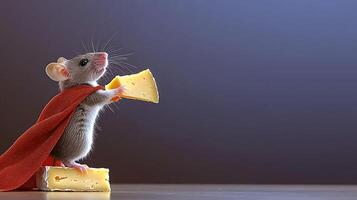 A heroic mouse in a red cape proudly holds a piece of cheese against a soft gradient background photo