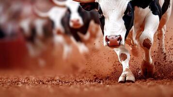 A herd of cows galloping through a dusty arena, showcasing their strength and agility during a lively event photo
