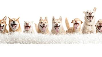 A joyful gathering of various dog breeds with open mouths on a snowy background photo