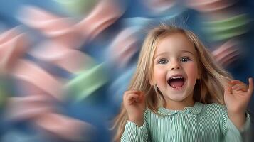 A joyful child with long hair, smiling widely against a colorful, blurred background of soft fabrics photo
