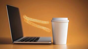 A laptop and a coffee cup with swirling lines, suggesting creativity in a warm, inviting workspace photo