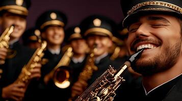 A joyful saxophonist smiles while playing in a lively band setting with fellow musicians behind photo