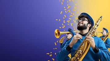 A joyful musician playing a saxophone in a vibrant setting with colorful confetti photo