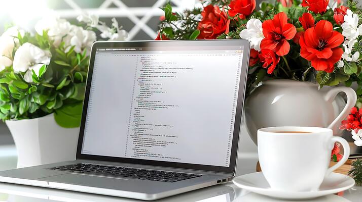 A laptop displaying code sits on a table next to a cup of coffee and vibrant flowers