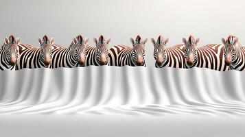 A line of zebras peering over a white fabric backdrop, creating a whimsical and artistic scene photo