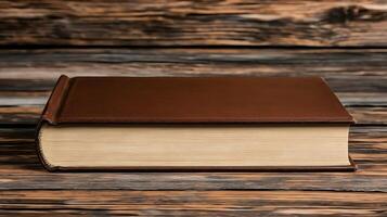 A leather-bound book resting on a rustic wooden table, surrounded by a cozy, warm atmosphere photo
