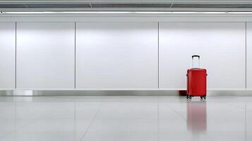 A lonely red suitcase stands in an empty airport terminal with blank walls and shiny floors photo