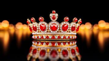 A luxurious crown adorned with red gemstones and diamonds, reflecting light against a dark backdrop photo