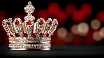 A luxurious crown adorned with red gems and sparkling diamonds, set against a blurred festive background photo