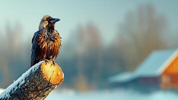 A majestic bird perched on a snowy log with a blurred cabin in the frosty background photo