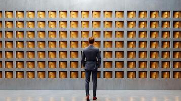 A man in a suit observing a wall of golden boxes in a modern, minimalist gallery setting photo