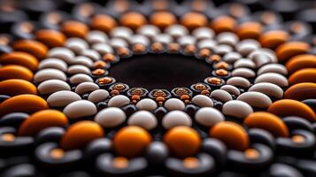 A mesmerizing arrangement of colorful eggs and stones creating a circular pattern on a dark surface photo