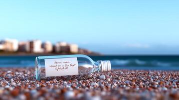 A message in a bottle rests on a sandy beach with distant buildings and ocean waves photo