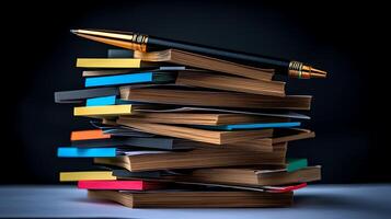 A meticulously arranged stack of colorful notebooks and a pen on a dark background, ideal for study photo