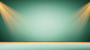 A minimalist stage setup with soft lighting, featuring a turquoise backdrop and wooden floor photo